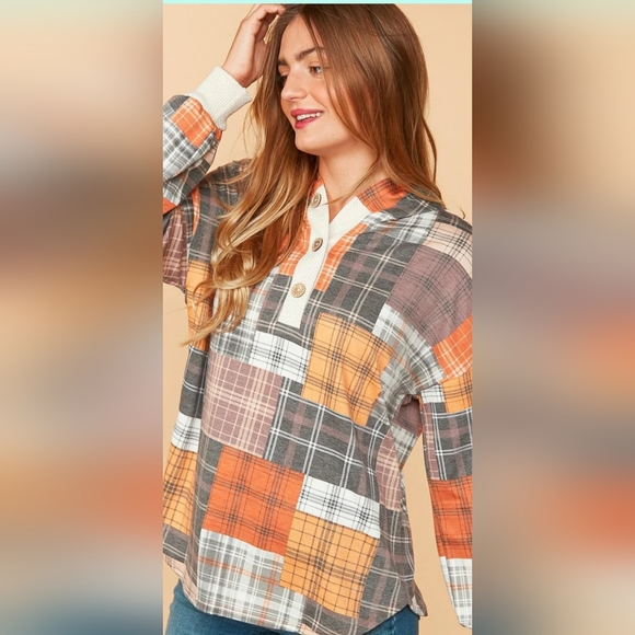 Plus Rust Charcoal & Oatmeal Plaid Patchwork Waffle Color Block Hoodie - Picture 2 of 5